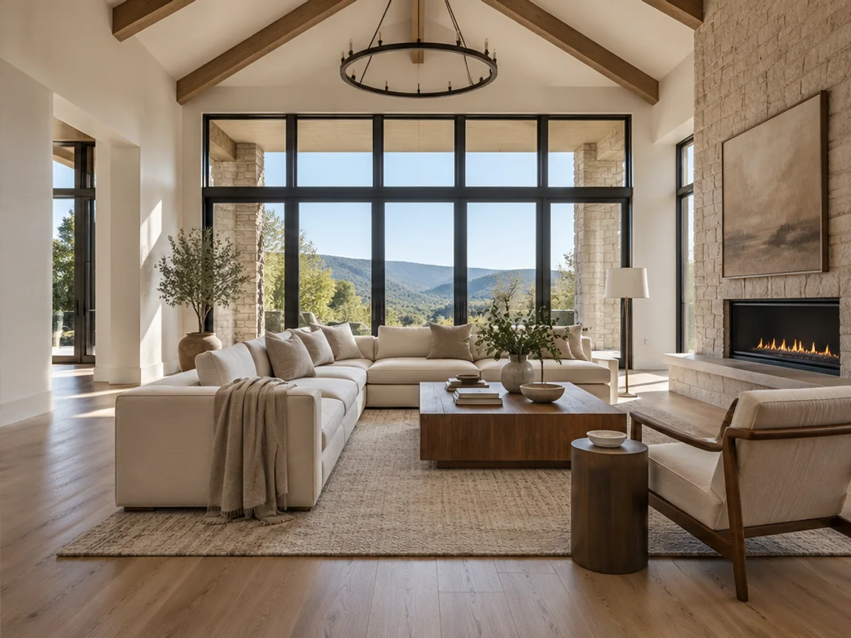Furnished living room with exposed ceiling beams, large windows and a stone fireplace.
